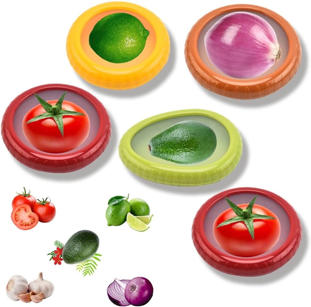 5 Herbruikbare Siliconen Opbergcontainers voor Fruit en Groenten - Voedsel Gelddoos - Koelkast - Opbergkommen voor Groene Paprika, Ui, Tomaten, Citroen