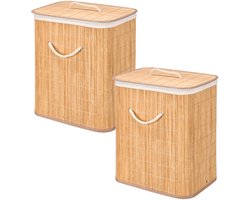 Kipit Wasmand van bamboe - 2x - wit / bruin - 60 liter - 40 x 30 x 50 cm - met deksel - met binnendoek
