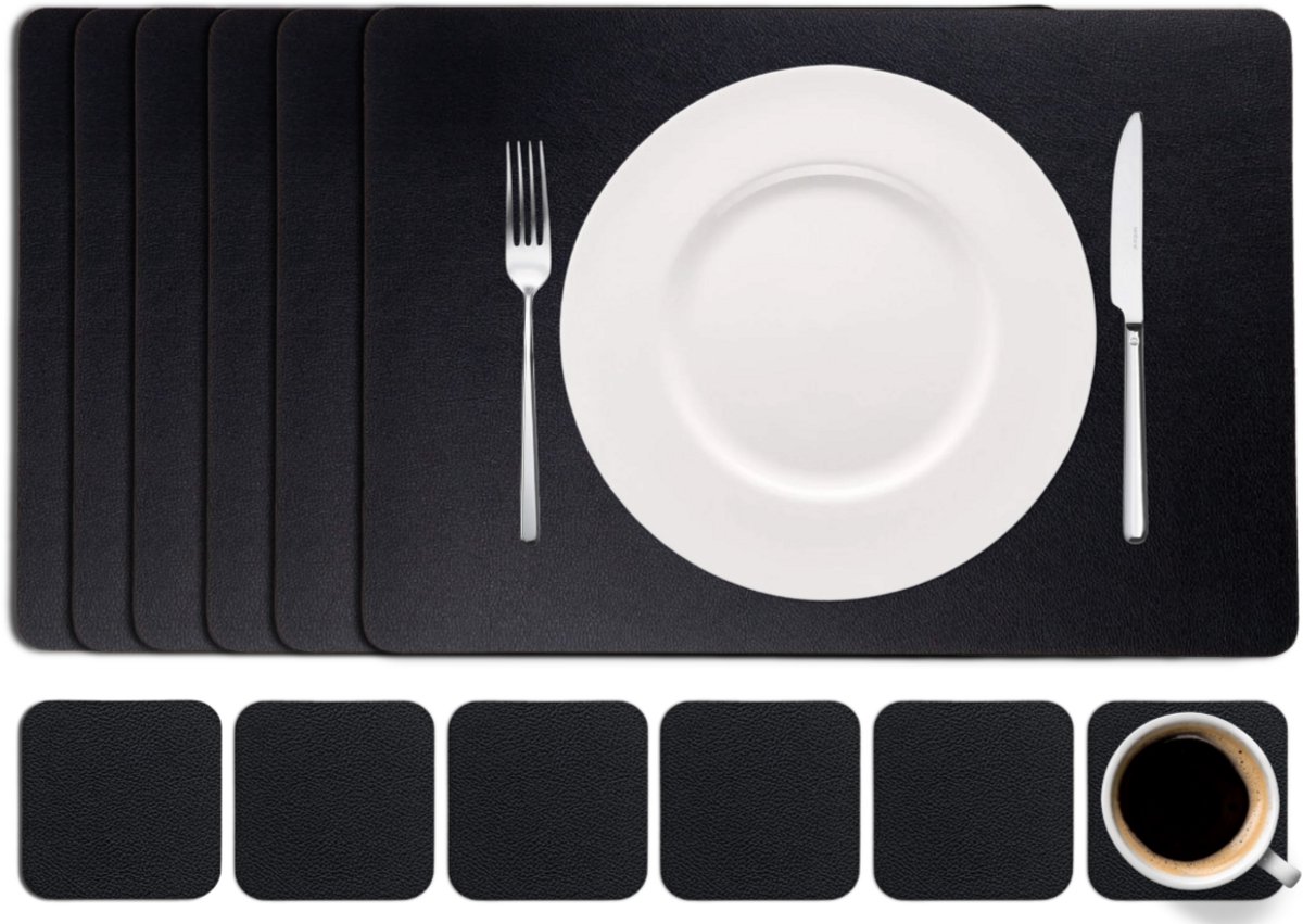 Cookinglife Placemats en onderleggers - Set van 12 - 6 rechthoekig placemats - 46 x 33 cm - 6 vierkante onderzetters- 10 x 10 cm - Dubbelzijdig - Vegan Lederlook - Zwart