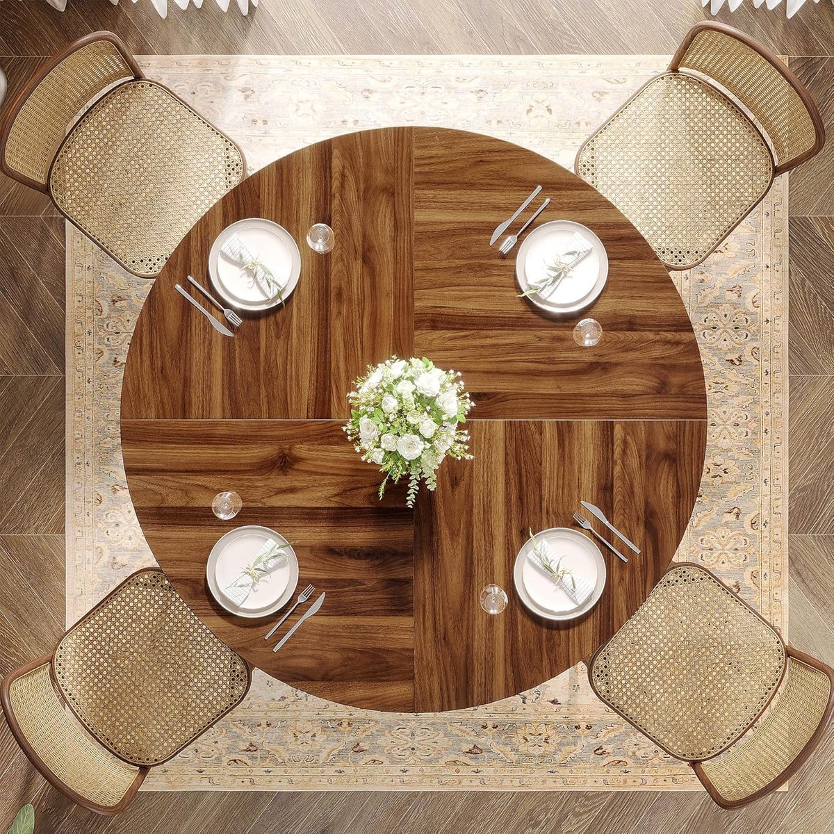 Ronde Rustieke Eettafel Ø120 x 75 cm voor 4-6 Personen – Industriële Keukentafel met Metaal Onderstel en Houten Look – Ruimtebesparend Design voor Woonkamer & Eetkamer