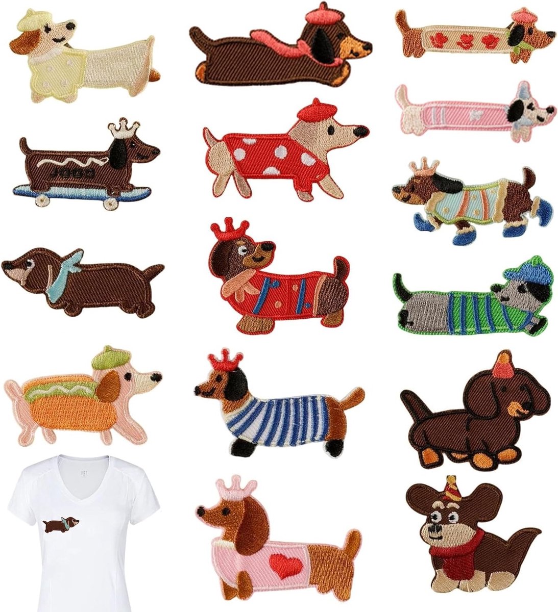 Opstrijkbare patches - 15 stuks geborduurd, schattige teckel ontwerpen voor kleding, jassen en handwerk
