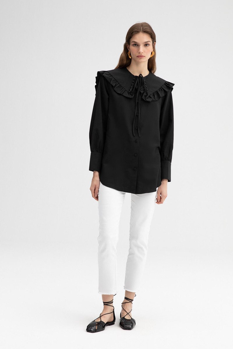 Touché Privé - Blouse met parelkraag - Zwart - Dames