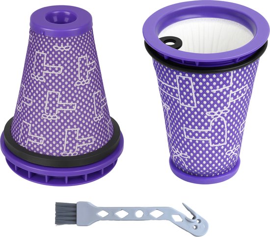 Twee paarse filters met witte stippen en patronen, en een schoonmaakborsteltje.