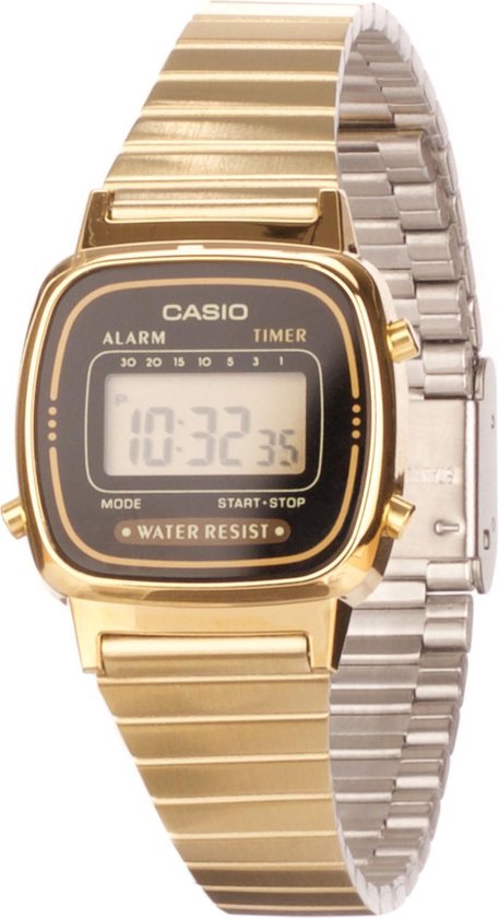 Goudkleurig Casio dameshorloge met zwart digitaal display en metalen band.