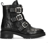 Manfield - Dames - Zwarte crocoprint biker boots met gespen - Maat 36