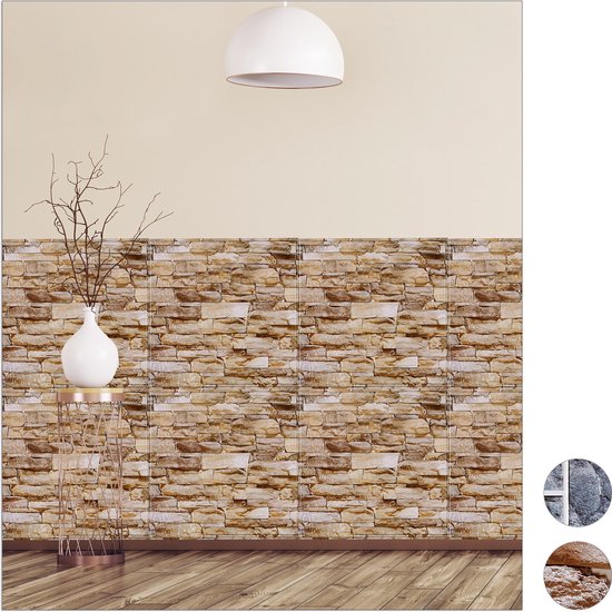 Relaxdays wandpaneel zelfklevend - 3D muursticker - steenlook - wandpanelen - decoratie - Design C, Pak van 5