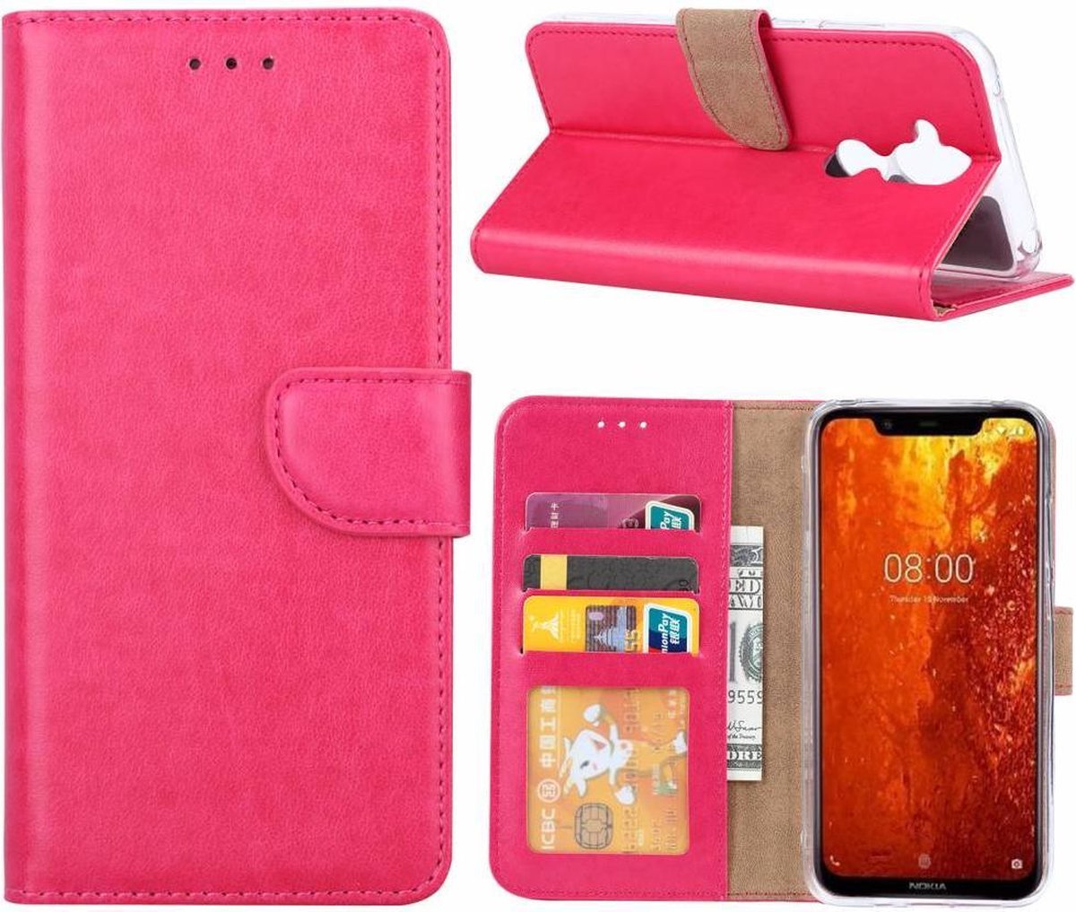Huawei Mate 20 Lite Roze Booktype / Telefoon Hoesje met pasjeshouder TPU Lederen Hoesje - van Bixb