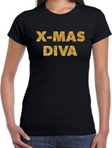 Foute Kerst t-shirt - x-mas diva - goud / glitter - zwart - dames - kerstkleding / kerst outfit S