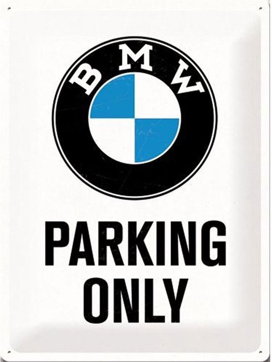 Plaque métallique blanche avec logo BMW et inscription PARKING ONLY