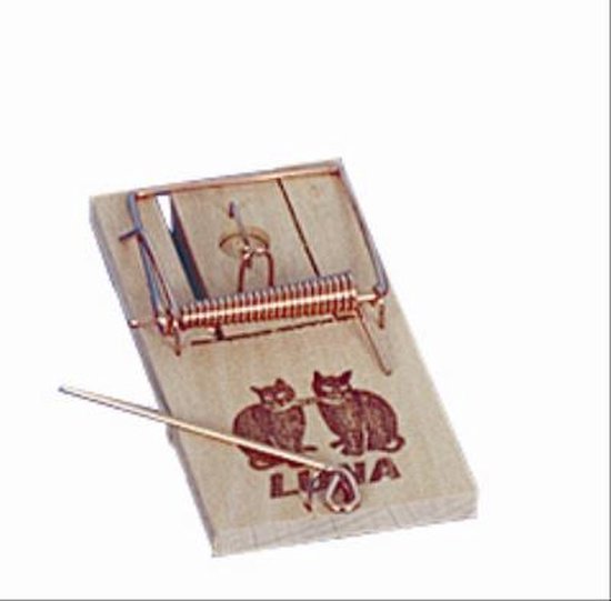 Houten muizen val met koperen veer en twee gegraveerde katten.