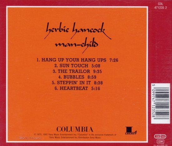 Achterkant van de albumhoes 'Herbie Hancock man-child' met oranje achtergrond en tracklist.
