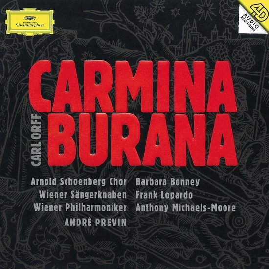 Albumhoes Carmina Burana met rode tekst op een grijze achtergrond.