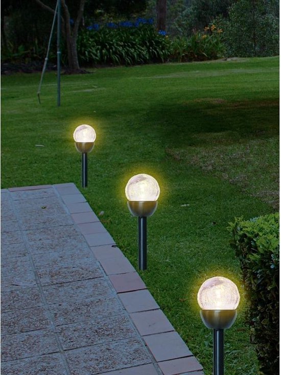 Syndicaat Detecteerbaar patroon 18x Buiten/tuin LED RVS bollen stekers Navi solar verlichting 24 cm colour  changing -... | bol.com