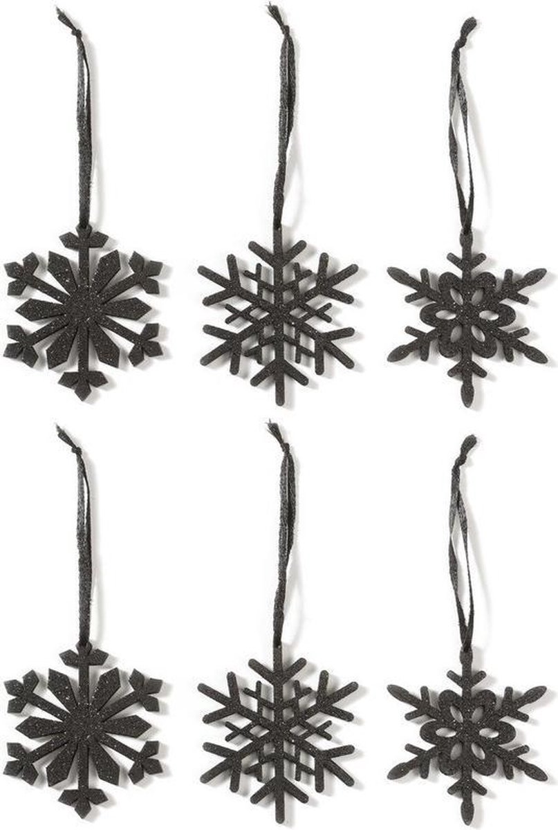 6x Kersthangers figuurtjes zwarte sneeuwvlok/ster 7,5 cm glitter - Sneeuw thema kerstboomhangers - Kerstboomversieringen zwart