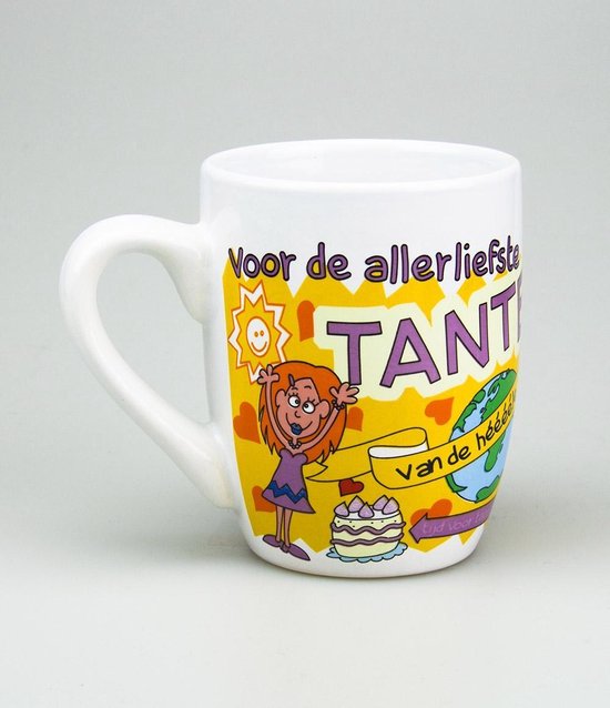 Verjaardag - Cartoon Mok - Voor de allerliefste Tante - In cadeauverpakking met gekleurd lint