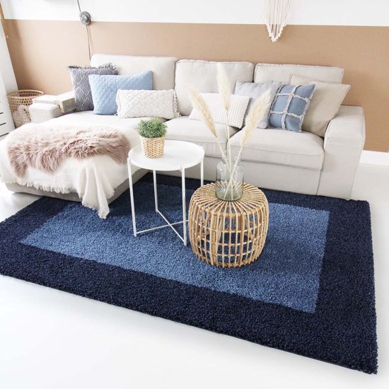 Hoogpolig vloerkleed shaggy Trend lijstmotief - blauw 80x250 cm