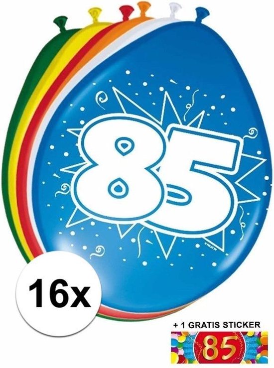 Ballonnen 85 jaar van 30 cm 16 stuks + gratis sticker