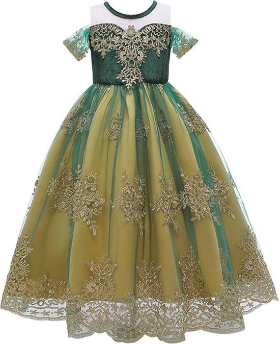 Prinses - Anna luxe jurk - Frozen -  Prinsessenjurk - Verkleedkleding - Groen - Maat 134/140 (8/9 jaar)