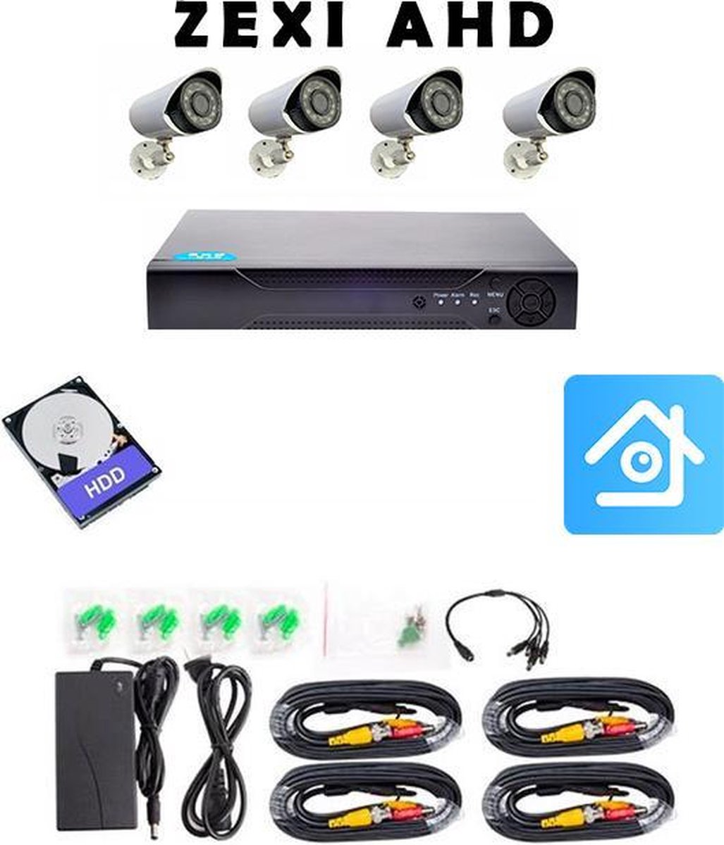 ZEXI AHD - Beveiligingscamera set met 4 Cameras- Home Security - Met Opslag - Bekabeld - Voor Buiten - 4 Camera's - Compleet Systeem – CCTV - Met 500GB
