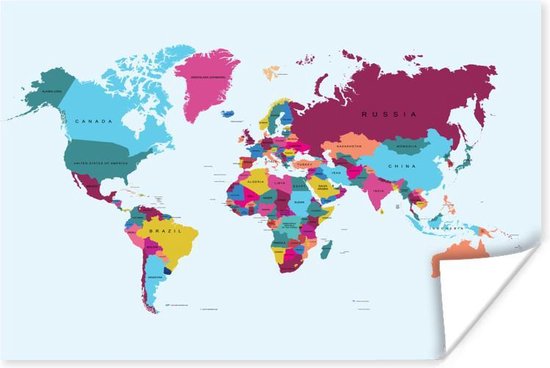 Landen zijn met verschillende kleuren aangegeven op de wereldkaart Poster | Wereldkaart Poster 180x120 cm
