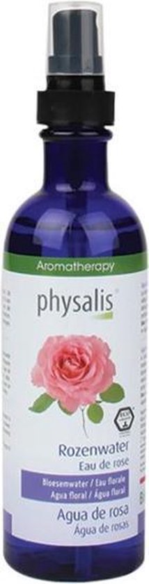 Physalis rozenwater in een donkerblauwe sprayfles met een label met een roze roos en de tekst "Rozenwater".