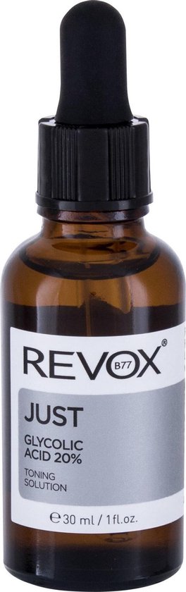 Bruine fles met druppelaar, gevuld met vloeistof. REVOX B77 JUST GLYCOLIC ACID 20% TONING SOLUTION.