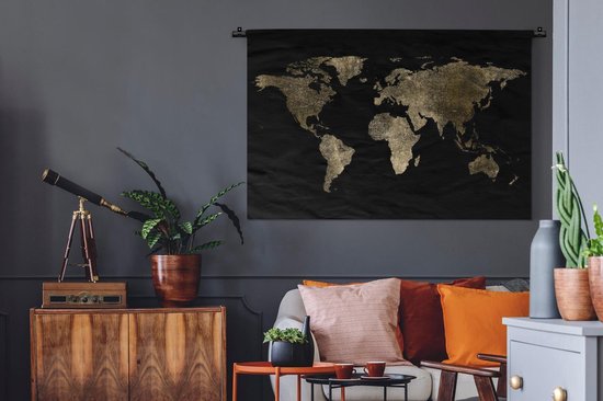 Tapisserie Cartes du mondeIllustrations de Noël - Carte du monde doré avec motif texturé sur fond noir Tapisserie coton 120x80 cm - Tapisserie avec photo
