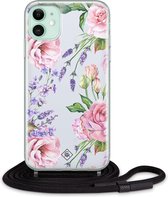 iPhone 11 hoesje met koord - Pastel bloemen / Flowers | Apple iPhone 11 crossbody case | Zwart, Transparant | Bloemen