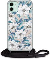 iPhone 11 hoesje met koord - Bloemen / Floral blauw | Apple iPhone 11 crossbody case | Zwart, Transparant | Bloemen