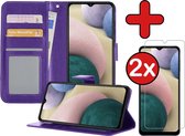 Samsung A12 Hoesje Book Case Met 2x Screenprotector - Samsung Galaxy A12 Hoesje Wallet Case Portemonnee Hoes Cover - Paars