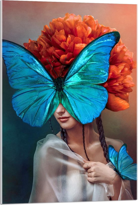 Acrylglas - Vrouw met Vlinder Gezicht en Bloemen Kapsel - 60x90cm Foto op Acrylglas (Wanddecoratie op Acrylglas)