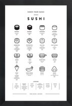 JUNIQE - Poster in houten lijst Sushi infographic -20x30 /Wit & Zwart