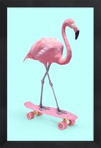 JUNIQE - Poster met houten lijst Skate Flamingo -13x18 /Blauw & Roze