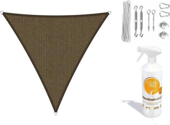 Bruin driehoekig schaduwdoek met bevestigingsmateriaal en buitendoekreiniger.