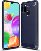 Voor Galaxy A21s geborstelde textuur koolstofvezel TPU-hoes (marineblauw)