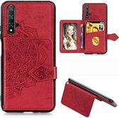 Voor Huawei Honor 20 Mandala Reliëf Magnetische Doek PU + TPU + PC Case met Houder & Kaartsleuven & Portemonnee & Fotolijst & Riem (Rood)