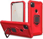 Voor Google Pixel 4a koolstofvezel beschermhoes met 360 graden roterende ringhouder (rood)