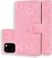 Kalfspatroon dubbel opvouwbaar design reliëf lederen tas met portemonnee & houder & kaartsleuven voor iPhone 11 Pro Max (6,5 inch) (roze)