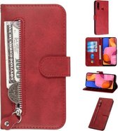 Voor Galaxy A20s Mode Kalfsstructuur Rits Horizontale Flip PU lederen tas, met houder & kaartsleuven en portemonnee (rood)