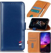 Voor Samsung Galaxy M01 3-kleuren pareltextuur magnetische gesp horizontale flip PU lederen tas met kaartsleuven & portemonnee & houder (blauw)