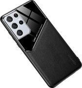 Voor Samsung Galaxy S21 Ultra 5G All-inclusive leer + beschermhoes van organisch glas met metalen ijzeren plaat (zwart)