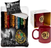 Harry Potter Dekbedovertrek- Katoen- 1persoons- 140x200- Dekbed Banners Hogwarts school, incl. Harry Potter - mok 315 ml- 9 3/4 Hogwarts Express.