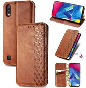 Voor Samsung Galaxy M10 Cubic Grid Pressed Horizontal Flip Magnetic Leather Case met houder & kaartsleuven & portemonnee (bruin)