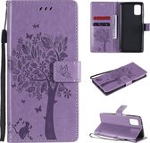 Voor Samsung Galaxy M31s Tree & Cat Pattern Pressed Printing Horizontale Flip PU lederen tas met houder & kaartsleuven & portemonnee & lanyard (lichtpaars)