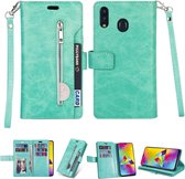 Voor Samsung Galaxy A20s Multifunctionele Rits Horizontale Flip Leren Case met Houder & Portemonnee & 9 Kaartsleuven & Lanyard (Mintgroen)