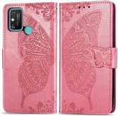 Voor Huawei Honor 9A Butterfly Love Flower Reliëf Horizontale Flip Leren Case met Beugel / Kaartsleuf / Portemonnee / Lanyard (Roze)