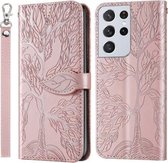 Voor Samsung Galaxy S21 Ultra 5G Life of Tree Embossing Pattern Horizontale Flip Leather Case met houder & kaartsleuf & portemonnee & fotolijst & Lanyard (Rose Gold)