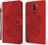 Voor OPPO A9 (2020) / A5 (2020) Pauw reliëfpatroon Horizontale flip lederen tas met houder & kaartsleuven & portemonnee & lanyard (rood)