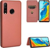 Voor Huawei P30 Lite / nova 4e Koolstofvezel Textuur Magnetische Horizontale Flip TPU + PC + PU lederen hoes met kaartsleuf (bruin)