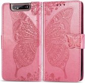 Butterfly Love Flowers Embossing Horizontale Flip Leather Case voor Galaxy A80 / A90, met houder & kaartsleuven & portemonnee & lanyard (roze)